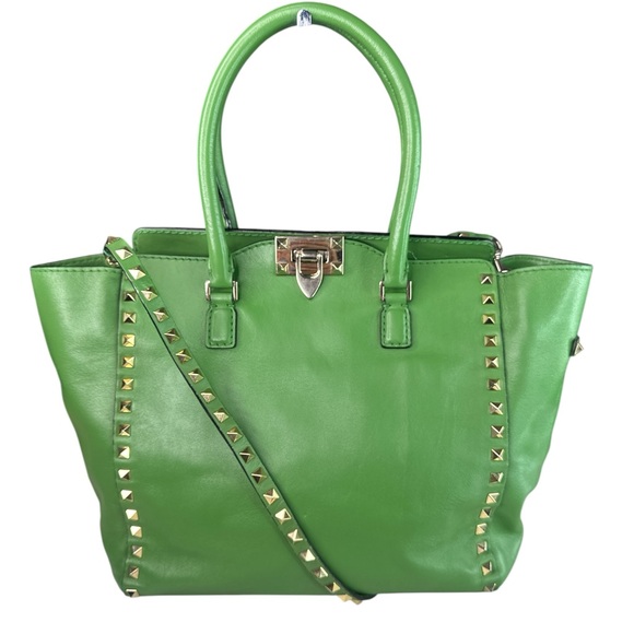 Yves Saint Laurent Handbags - Valentino Green Studded Leather Tote Handbag